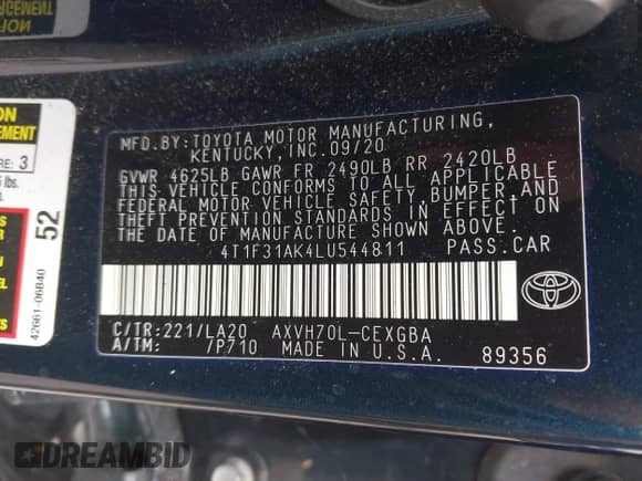 2020 Toyota Camry Hybrid XLE with VIN 4T1F31AK4LU544811, listed as a IAAI auction lot 42755426 with 80,230 mi miles and . Bid and sale history available at DreamBid. Image 9.