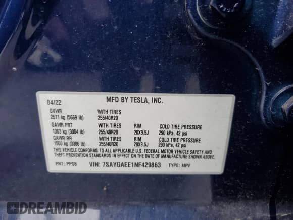 2022 Tesla Model Y Long Range с VIN 7SAYGAEE1NF429863, выставлен на аукционе Copart как лот 85758435 с пробегом 20 389 миль миль и Списание • Salvage title. История ставок и продаж доступна на DreamBid. Изображение 14.