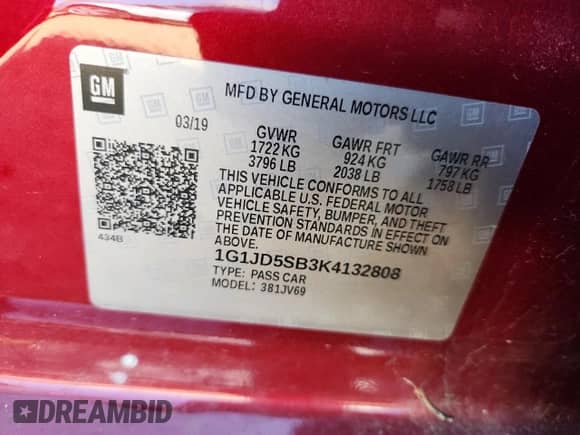 2019 Chevrolet Sonic LT с VIN 1G1JD5SB3K4132808, выставлен на аукционе Copart как лот 84467785 с пробегом 92 683 миль миль и Списание • Salvage title. История ставок и продаж доступна на DreamBid. Изображение 12.