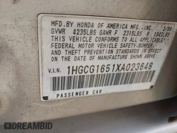 1999 Honda Accord EX с VIN 1HGCG1651XA023648, выставлен на аукционе IAAI как лот 42746212 с пробегом 283 171 миль миль и . История ставок и продаж доступна на DreamBid. Изображение 9.