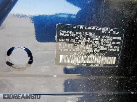 2022 Subaru Forester Special Sports with VIN JF2SKAJC6NH504922, listed as a Copart auction lot 58099205 with 47,648 mi miles and Salvage title. Bid and sale history available at DreamBid. Image 14.