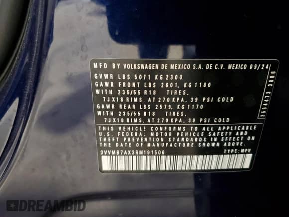 2024 Volkswagen Tiguan SE z VIN 3VVMB7AX3RM191506, wystawiony jako Copart lot #71810395 z przebiegiem 15 535 mil mil oraz Szkoda całkowita • Salvage title. Historia ofert i sprzedaży dostępna na DreamBid. Obrazek 13.