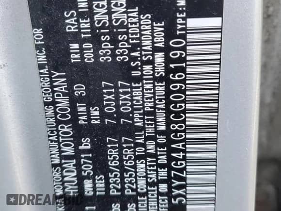 2012 Hyundai Santa Fe GLS с VIN 5XYZG4AG8CG096190, выставлен на аукционе Copart как лот 45565935 с пробегом 206 196 миль миль и Списание • Salvage title. История ставок и продаж доступна на DreamBid. Изображение 13.