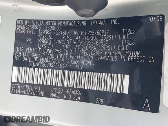2009 Toyota Sienna XLE with VIN 5TDZK22C39S264912, listed as a IAAI auction lot 43385734 with 327,786 mi miles and . Bid and sale history available at DreamBid. Image 9.