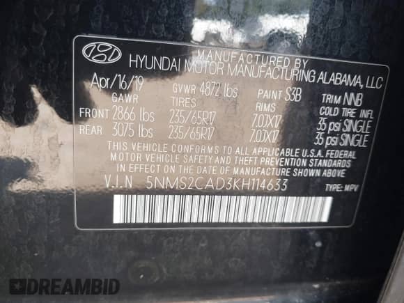 2019 Hyundai Santa Fe SE с VIN 5NMS2CAD3KH114633, выставлен на аукционе IAAI как лот 43327794 с пробегом 173 533 миль миль и . История ставок и продаж доступна на DreamBid. Изображение 9.