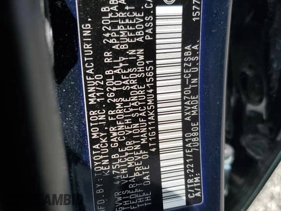 2021 Toyota Camry SE Nightshade z VIN 4T1G11AK5MU415651, wystawiony jako Copart lot #80165355 z przebiegiem 85 606 mil mil oraz Szkoda całkowita • Salvage title. Historia ofert i sprzedaży dostępna na DreamBid. Obrazek 12.