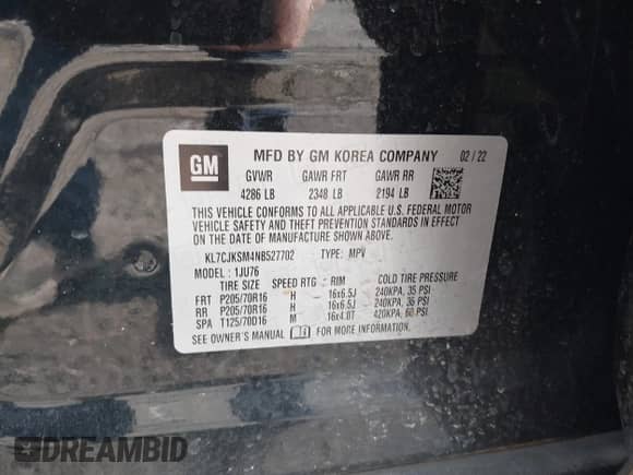 2022 Chevrolet Trax LS with VIN KL7CJKSM4NB527702, listed as a IAAI auction lot 41339416 with 52,934 mi miles and . Bid and sale history available at DreamBid. Image 9.