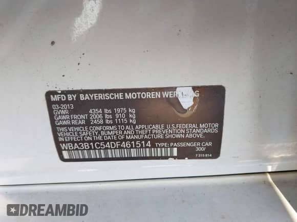 2013 BMW 3 Series 320i z VIN WBA3B1C54DF461514, wystawiony jako IAAI lot #42648907 z przebiegiem 161 024 mil mil oraz . Historia ofert i sprzedaży dostępna na DreamBid. Obrazek 9.