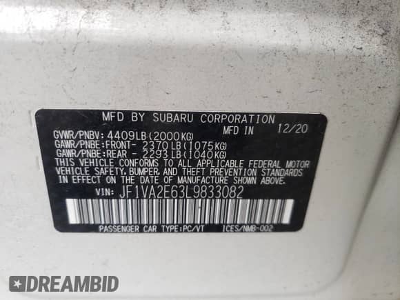 2020 Subaru WRX STI with VIN JF1VA2E63L9833082, listed as a Copart auction lot 63496145 with 50,516 mi miles and Salvage title. Bid and sale history available at DreamBid. Image 13.