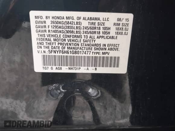 2016 Honda Pilot EX-L с VIN 5FNYF6H61GB017477, выставлен на аукционе IAAI как лот 43280617 с пробегом 185 865 миль миль и . История ставок и продаж доступна на DreamBid. Изображение 9.