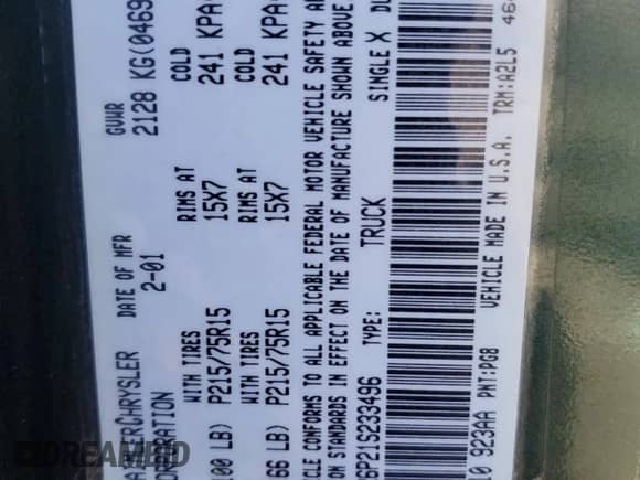 2001 Dodge Dakota с VIN 1B7FL26P21S233496, выставлен на аукционе Copart как лот 48014635 с пробегом 106 852 миль миль и Чистый • Clean title. История ставок и продаж доступна на DreamBid. Изображение 12.