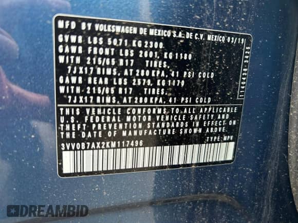 2019 Volkswagen Tiguan S с VIN 3VV0B7AX2KM117496, выставлен на аукционе Copart как лот 89914455 с пробегом 52 445 миль миль и Чистый • Clean title. История ставок и продаж доступна на DreamBid. Изображение 10.