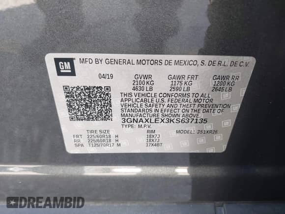 2019 Chevrolet Equinox LT with VIN 3GNAXLEX3KS637135, listed as a IAAI auction lot 43506529 with 108,321 mi miles and . Bid and sale history available at DreamBid. Image 9.