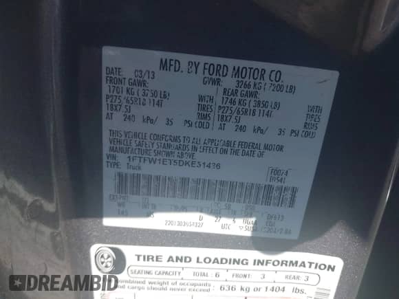 2013 Ford F-150 Lariat with VIN 1FTFW1ET5DKE51436, listed as a IAAI auction lot 43459885 with 149,455 mi miles and . Bid and sale history available at DreamBid. Image 9.