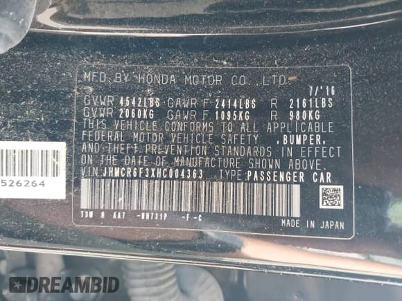 2017 Honda Accord with VIN JHMCR6F3XHC004363, listed as a IAAI auction lot 42155516 with 129,297 mi miles and . Bid and sale history available at DreamBid. Image 9.