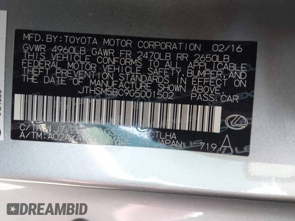 2016 Lexus RC 300 F Sport with VIN JTHSM5BC9G5001502, listed as a IAAI auction lot 42464460 with 85,882 mi miles and . Bid and sale history available at DreamBid. Image 9.