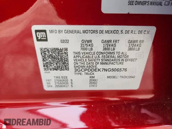 2022 Chevrolet Silverado 1500 LT with VIN 3GCPDDEK7NG506576, listed as a Copart auction lot 63663885 with 47,896 mi miles and Salvage title. Bid and sale history available at DreamBid. Image 13.