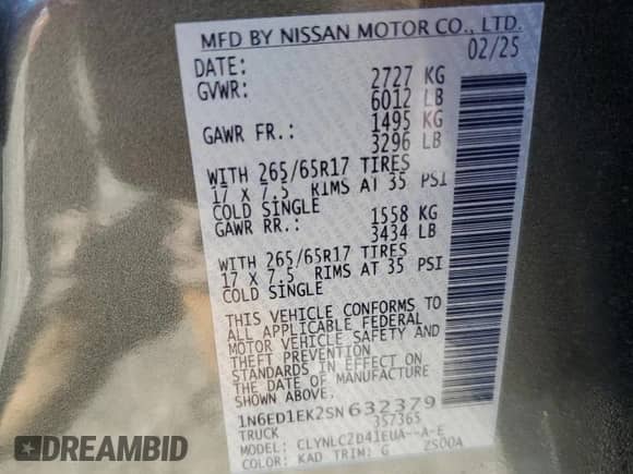 2025 Nissan Frontier Pro-4X with VIN 1N6ED1EK2SN632379, listed as a Copart auction lot 65193755 with 1,959 mi miles and Salvage title. Bid and sale history available at DreamBid. Image 12.