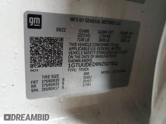 2022 GMC Sierra 1500 SLT with VIN 1GTUUDED9NZ627811, listed as a Copart auction lot 46283645 with Not provided miles and Salvage title. Bid and sale history available at DreamBid. Image 12.