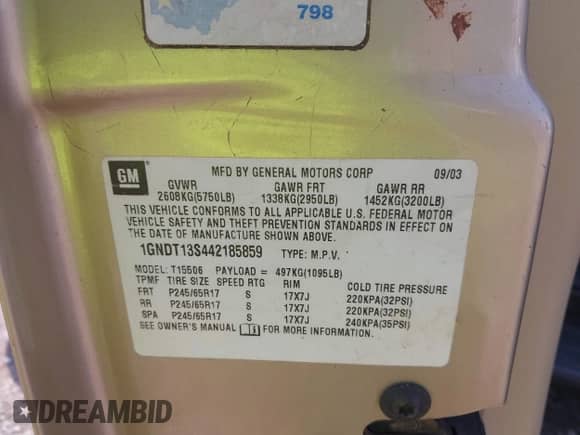 2004 Chevrolet TrailBlazer LS with VIN 1GNDT13S442185859, listed as a IAAI auction lot 42724233 with 144,871 mi miles and . Bid and sale history available at DreamBid. Image 9.