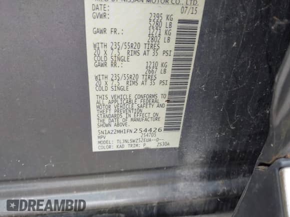 2015 Nissan Murano SL с VIN 5N1AZ2MH1FN254426, выставлен на аукционе IAAI как лот 42892790 с пробегом 185 629 миль миль и . История ставок и продаж доступна на DreamBid. Изображение 9.