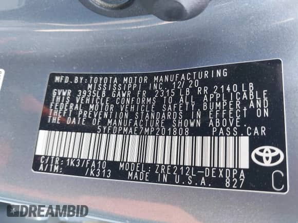 2021 Toyota Corolla L with VIN 5YFDPMAE7MP201808, listed as a IAAI auction lot 42885094 with 114,548 mi miles and . Bid and sale history available at DreamBid. Image 9.
