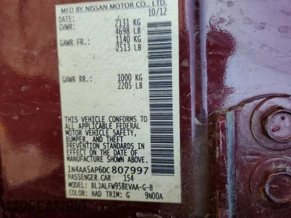 2013 Nissan Maxima SV with VIN 1N4AA5AP6DC807997, listed as a Copart auction lot 87034815 with 116,743 mi miles and Salvage title. Bid and sale history available at DreamBid. Image 12.