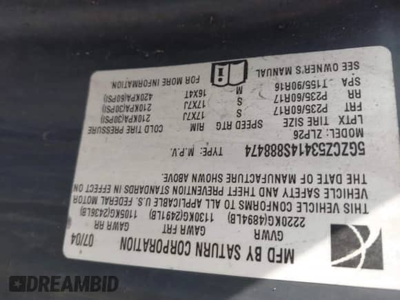 2004 Saturn VUE V6 with VIN 5GZCZ53414S888474, listed as a IAAI auction lot 42525855 with 181,118 mi miles and . Bid and sale history available at DreamBid. Image 9.