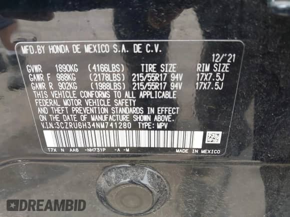 2022 Honda HR-V LX z VIN 3CZRU6H34NM741280, wystawiony jako IAAI lot #42678574 z przebiegiem 27 816 mil mil oraz . Historia ofert i sprzedaży dostępna na DreamBid. Obrazek 9.