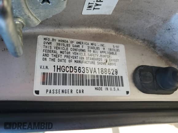 1997 Honda Accord LX with VIN 1HGCD5635VA188629, listed as a Copart auction lot 72042185 with 192,080 mi miles and Salvage title. Bid and sale history available at DreamBid. Image 12.