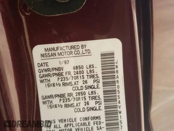 1997 Nissan Pathfinder XE with VIN JN8AR05S4VW157480, listed as a Copart auction lot 67882474 with 107,952 mi miles and Salvage title. Bid and sale history available at DreamBid. Image 14.