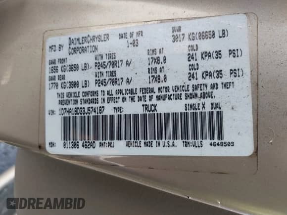 2003 Dodge 1500 ST with VIN 1D7HA18D33J574187, listed as a IAAI auction lot 42562003 with 159,004 mi miles and . Bid and sale history available at DreamBid. Image 9.