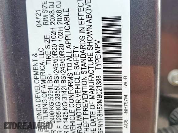 2021 Honda Passport EX-L с VIN 5FNYF8H52MB021388, выставлен на аукционе Copart как лот 68071175 с пробегом Не указан миль и Списание • Salvage title. История ставок и продаж доступна на DreamBid. Изображение 14.
