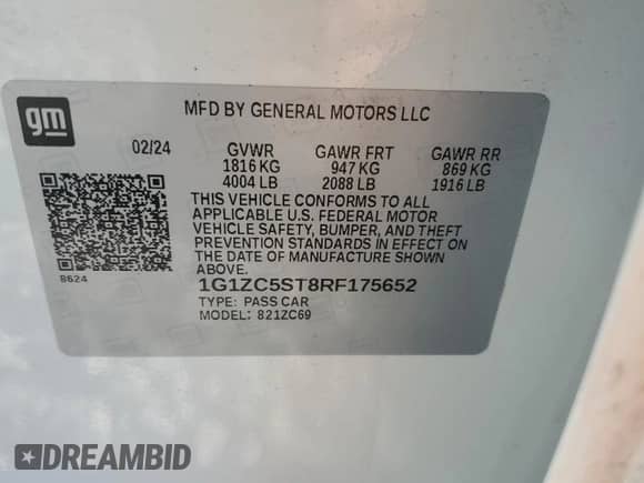 2024 Chevrolet Malibu LS с VIN 1G1ZC5ST8RF175652, выставлен на аукционе Copart как лот 70370075 с пробегом Не указан миль и Списание • Salvage title. История ставок и продаж доступна на DreamBid. Изображение 12.