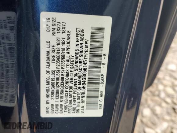 2016 Honda Odyssey Touring Elite с VIN 5FNRL5H94GB056145, выставлен на аукционе Copart как лот 82451455 с пробегом 109 481 миль миль и Списание • Salvage title. История ставок и продаж доступна на DreamBid. Изображение 12.