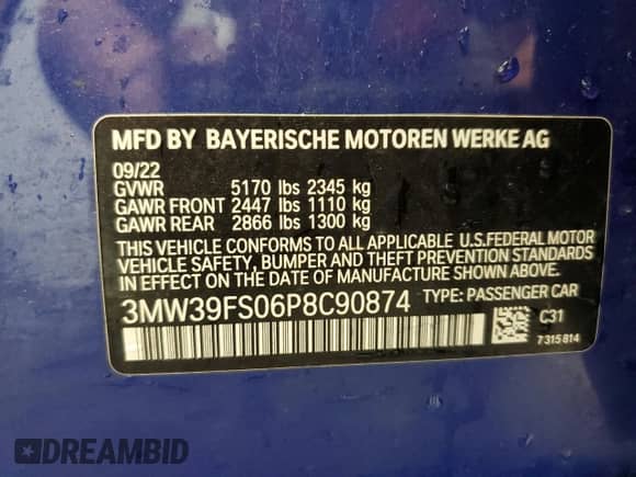 2023 BMW 3 Series 330e xDrive с VIN 3MW39FS06P8C90874, выставлен на аукционе Copart как лот 82032605 с пробегом 11 190 миль миль и Списание • Salvage title. История ставок и продаж доступна на DreamBid. Изображение 12.