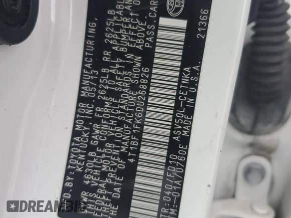 2013 Toyota Camry LE with VIN 4T1BF1FK6DU268826, listed as a Copart auction lot 85718835 with 230,230 mi miles and Salvage title. Bid and sale history available at DreamBid. Image 12.