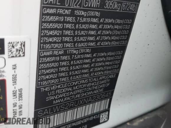 2022 Land Rover Range Rover Sport HST с VIN SALWS2RUXNA230645, выставлен на аукционе Copart как лот 72059045 с пробегом Не указан миль и Списание • Salvage title. История ставок и продаж доступна на DreamBid. Изображение 13.