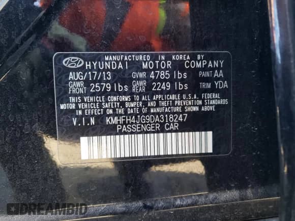 2013 Hyundai Azera с VIN KMHFH4JG9DA318247, выставлен на аукционе Copart как лот 88516975 с пробегом Не указан миль и Чистый • Clean title. История ставок и продаж доступна на DreamBid. Изображение 12.