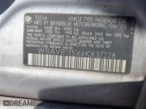 2006 BMW 3 Series 325i z VIN WBAVB135X6KX37228, wystawiony jako IAAI lot #43215691 z przebiegiem 162 983 mil mil oraz . Historia ofert i sprzedaży dostępna na DreamBid. Obrazek 9.