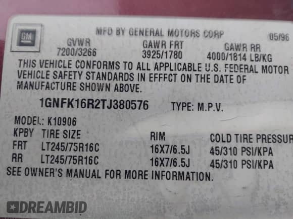 1996 Chevrolet Suburban с VIN 1GNFK16R2TJ380576, выставлен на аукционе IAAI как лот 41829017 с пробегом 151 413 миль миль и . История ставок и продаж доступна на DreamBid. Изображение 9.