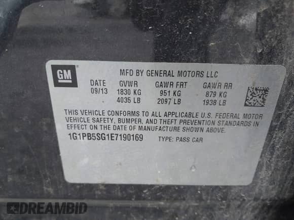 2014 Chevrolet Cruze LS with VIN 1G1PB5SG1E7190169, listed as a IAAI auction lot 42382681 with 117,194 mi miles and . Bid and sale history available at DreamBid. Image 9.