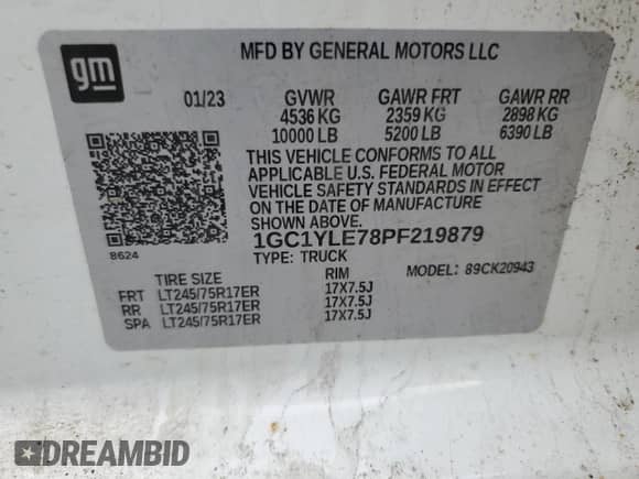 2023 Chevrolet Silverado 2500HD Work Truck with VIN 1GC1YLE78PF219879, listed as a Copart auction lot 56836705 with 103,888 mi miles and Salvage title. Bid and sale history available at DreamBid. Image 12.