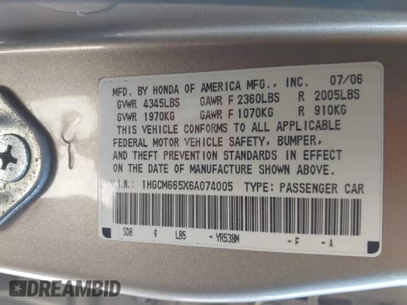 2006 Honda Accord EX-L z VIN 1HGCM665X6A074005, wystawiony jako IAAI lot #43151699 z przebiegiem 211 933 mil mil oraz . Historia ofert i sprzedaży dostępna na DreamBid. Obrazek 9.