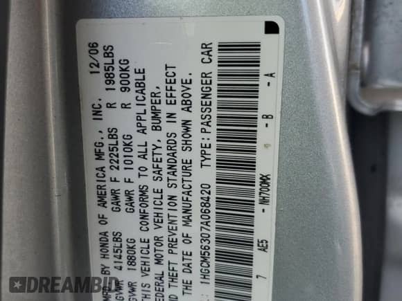 2007 Honda Accord LX SE z VIN 1HGCM56307A068420, wystawiony jako Copart lot #82359385 z przebiegiem 257 963 mil mil oraz Szkoda całkowita • Salvage title. Historia ofert i sprzedaży dostępna na DreamBid. Obrazek 12.