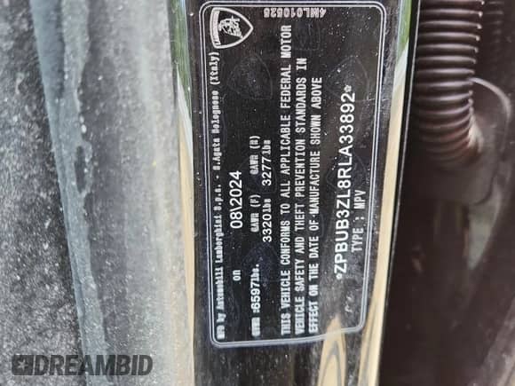 2024 Lamborghini Urus S with VIN ZPBUB3ZL8RLA33892, listed as a Copart auction lot 67140335 with Not provided miles and Salvage title. Bid and sale history available at DreamBid. Image 13.