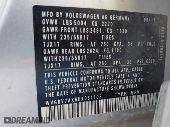 2017 Volkswagen Tiguan S с VIN WVGBV7AX6HK051108, выставлен на аукционе IAAI как лот 42451827 с пробегом 58 462 миль миль и . История ставок и продаж доступна на DreamBid. Изображение 9.