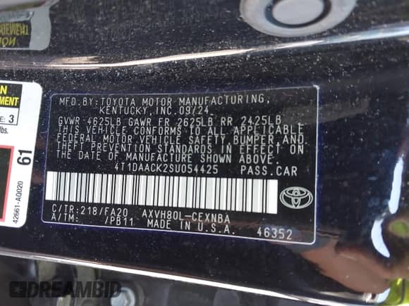 2025 Toyota Camry SE with VIN 4T1DAACK2SU054425, listed as a IAAI auction lot 43540854 with 42,914 mi miles and . Bid and sale history available at DreamBid. Image 9.