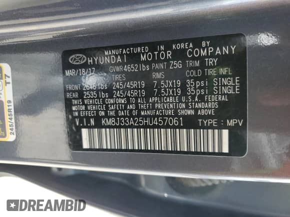 2017 Hyundai Tucson Limited with VIN KM8J33A25HU457061, listed as a Copart auction lot 63090455 with Not provided miles and Non repairable. Bid and sale history available at DreamBid. Image 13.