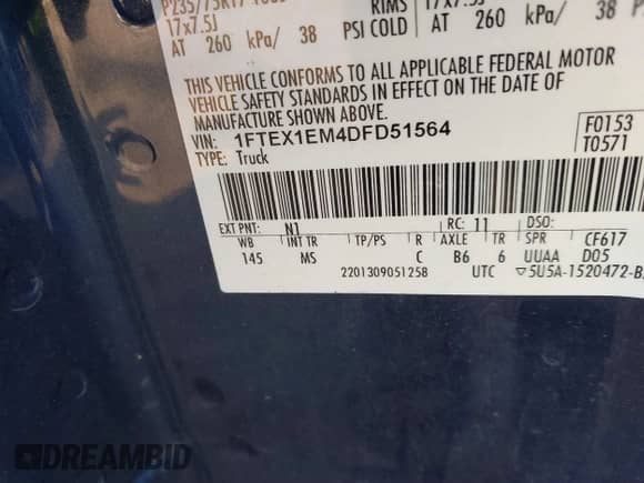 2013 Ford F-150 XL z VIN 1FTEX1EM4DFD51564, wystawiony jako IAAI lot #41778412 z przebiegiem 192 mil mil oraz . Historia ofert i sprzedaży dostępna na DreamBid. Obrazek 9.